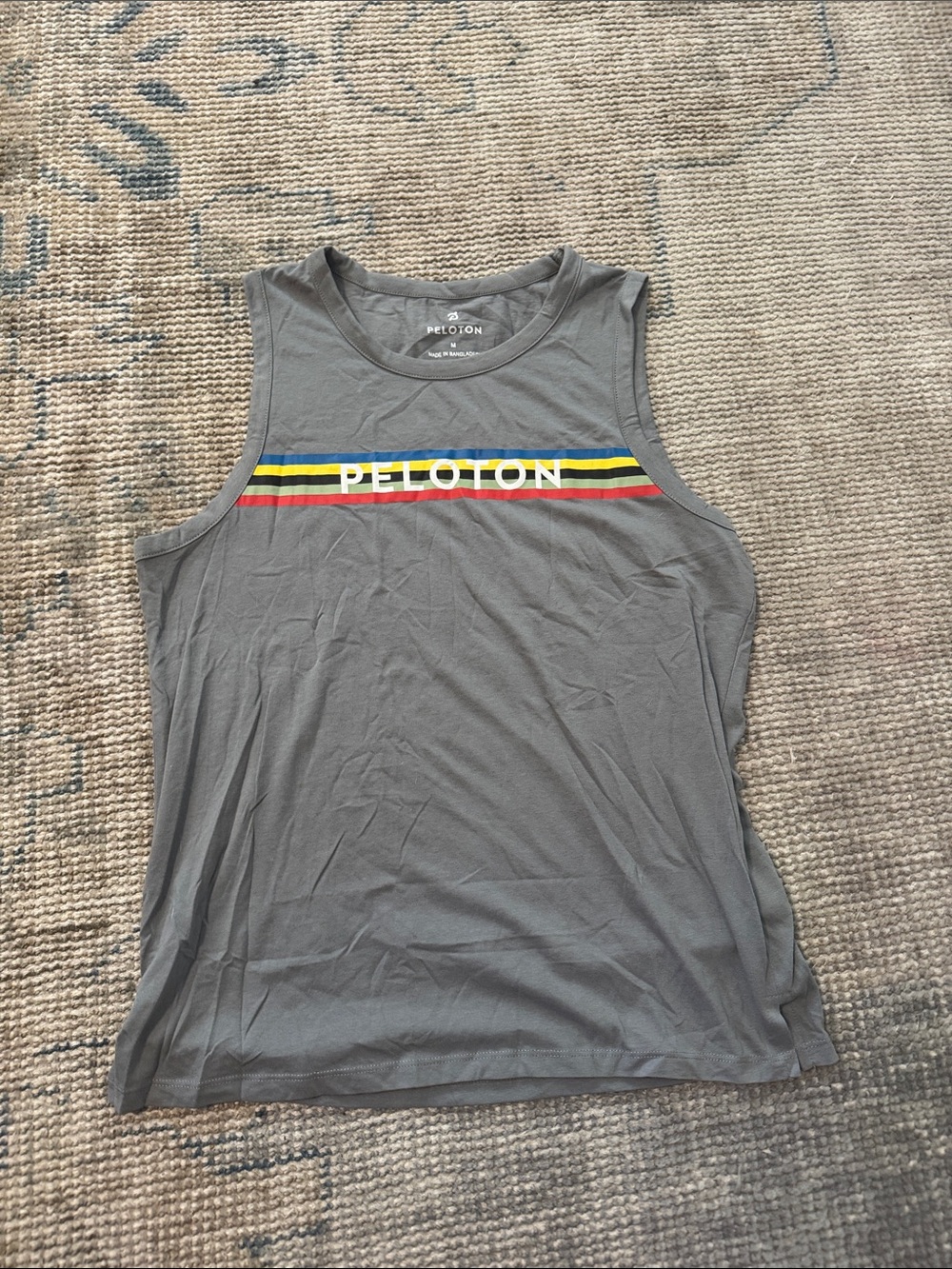 Peloton Gray Women’s Sleeveless Training Tank with Yellow Green Blue Red Stripe